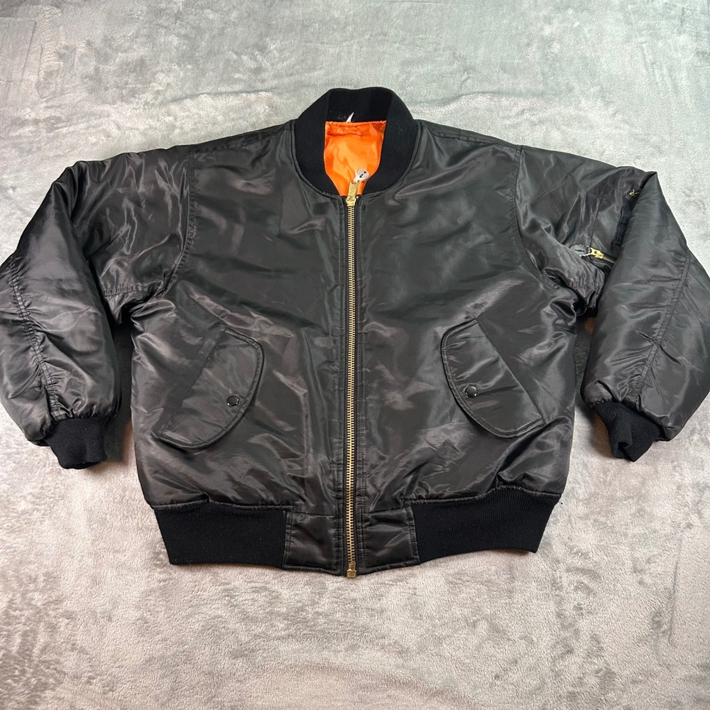 Rothco MA-1 Flight Jacket Mens Black Nylon Orange Lining Military Bomber Medium